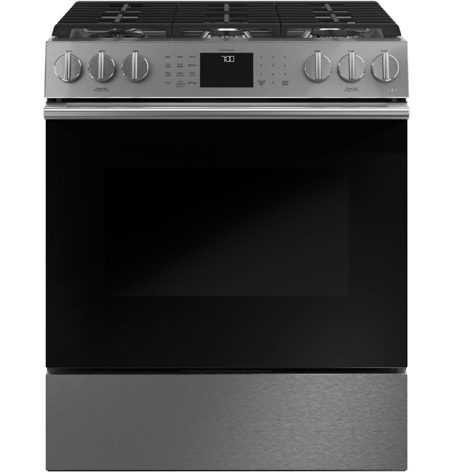 Café™ 30" Smart Slide-In, Front-Control, Gas Range with Convection Oven in Platinum Glass