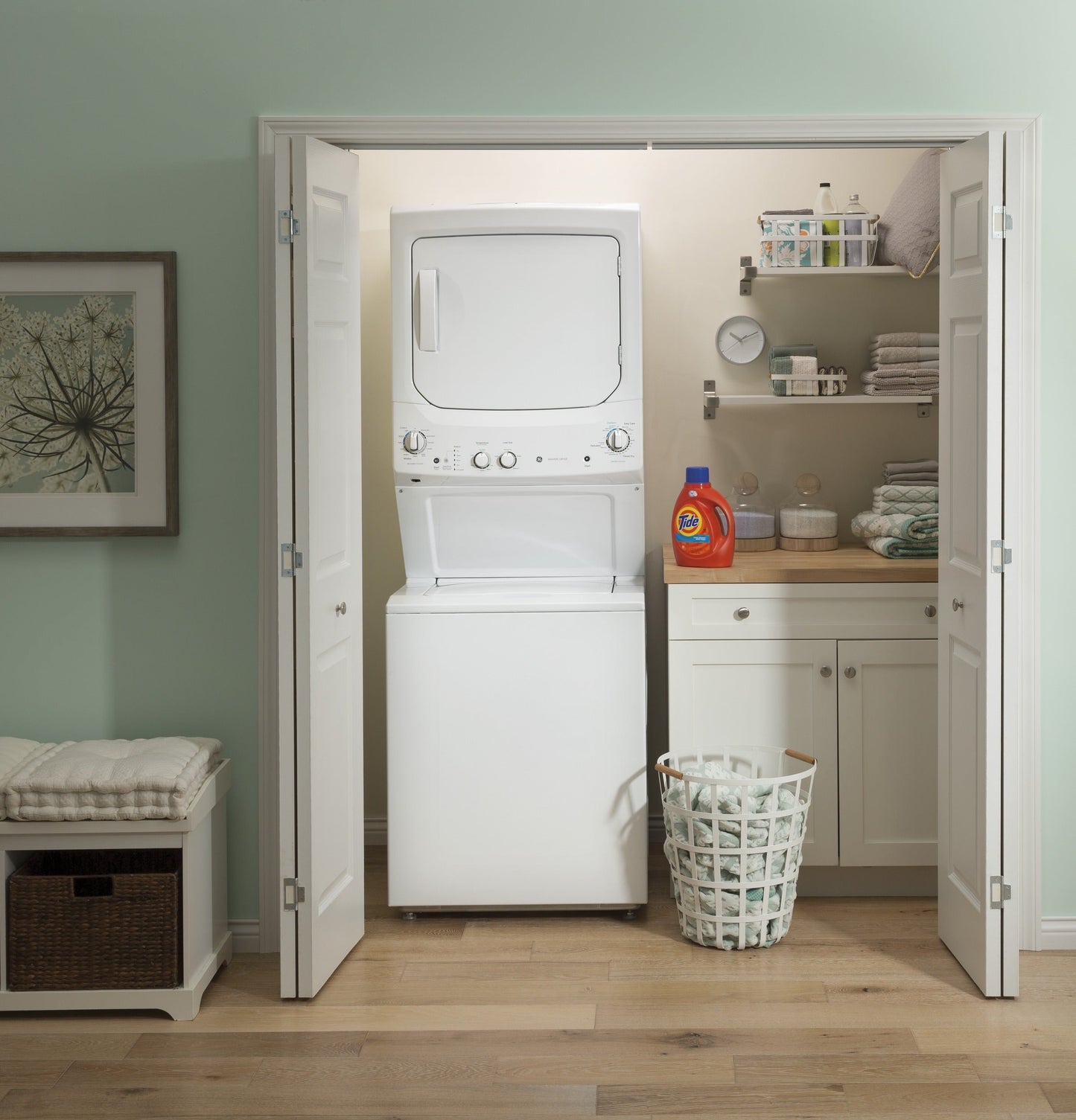 GE Unitized Spacemaker® 3.8 cu. ft. Capacity Washer with Stainless Steel Basket and 5.9 cu. ft. Capacity Gas Dryer