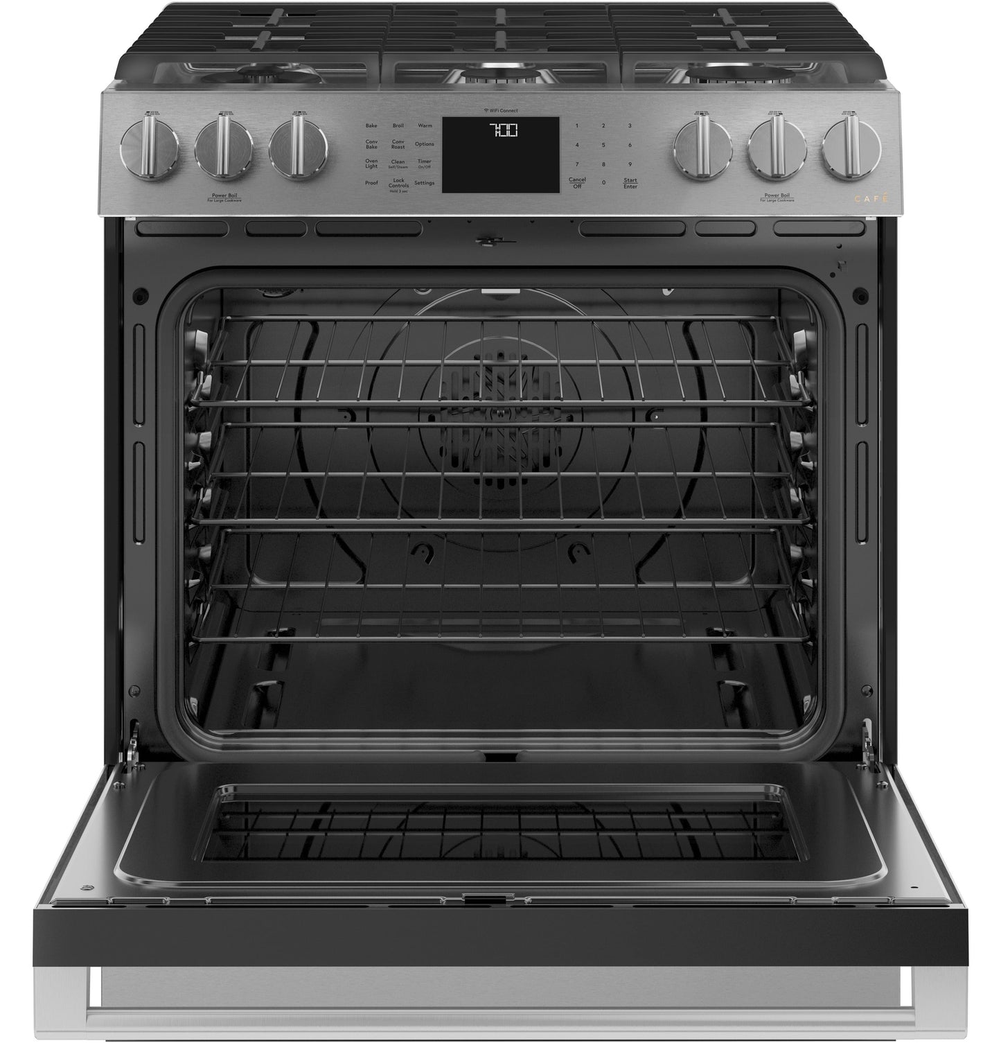 Café™ 30" Smart Slide-In, Front-Control, Gas Range with Convection Oven in Platinum Glass