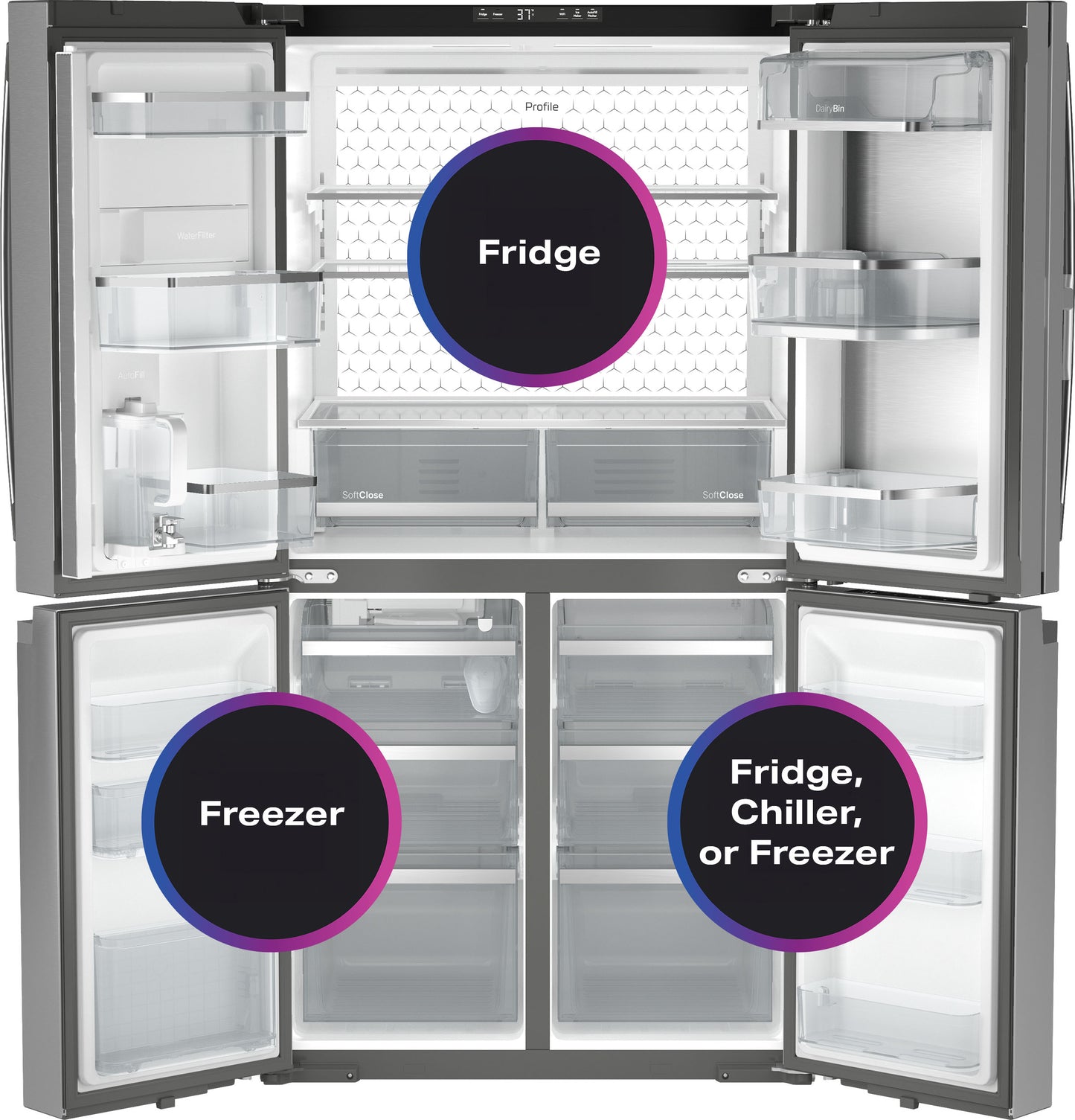 GE Profile™ ENERGY STAR® 22.9 Cu. Ft. Counter-Depth Quad-Door Refrigerator with Dual-Dispense AutoFill Pitcher and Door in Door
