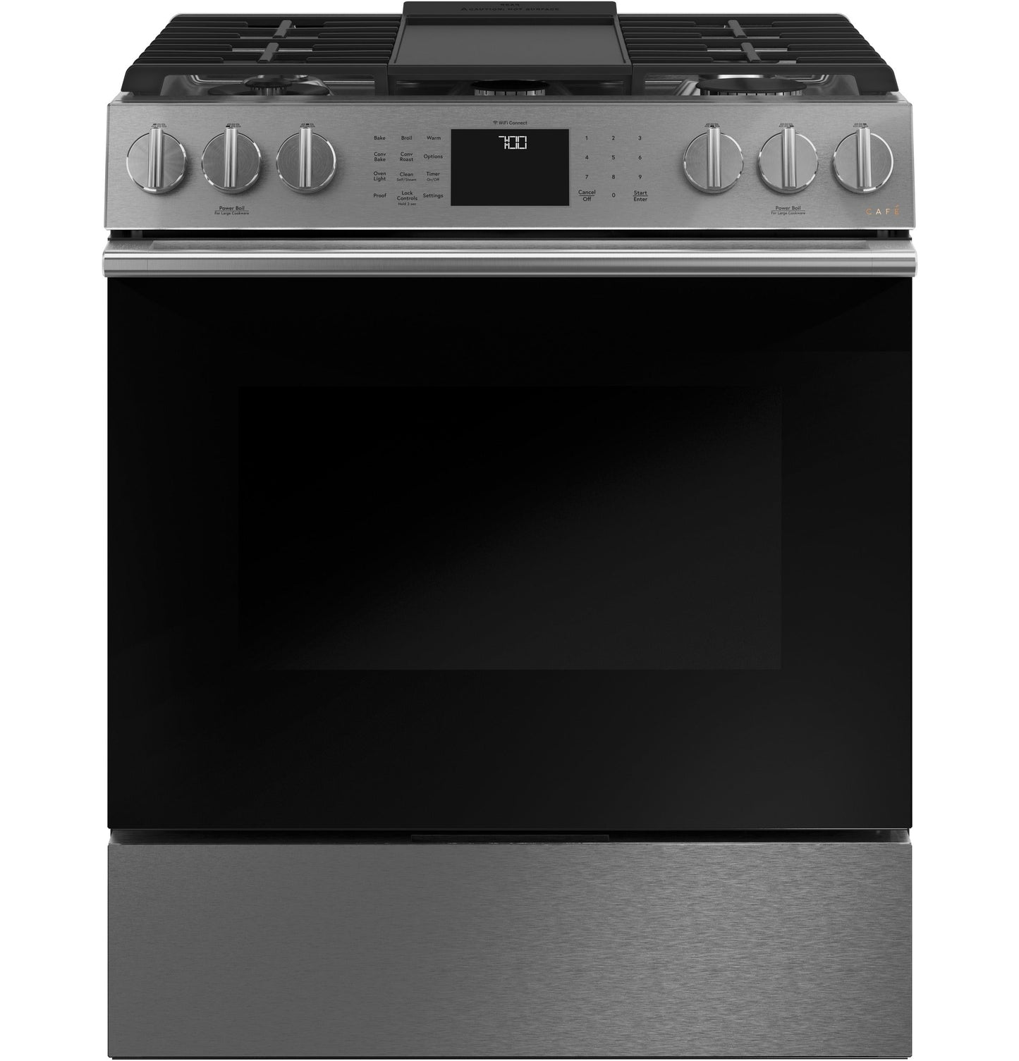 Café™ 30" Smart Slide-In, Front-Control, Gas Range with Convection Oven in Platinum Glass