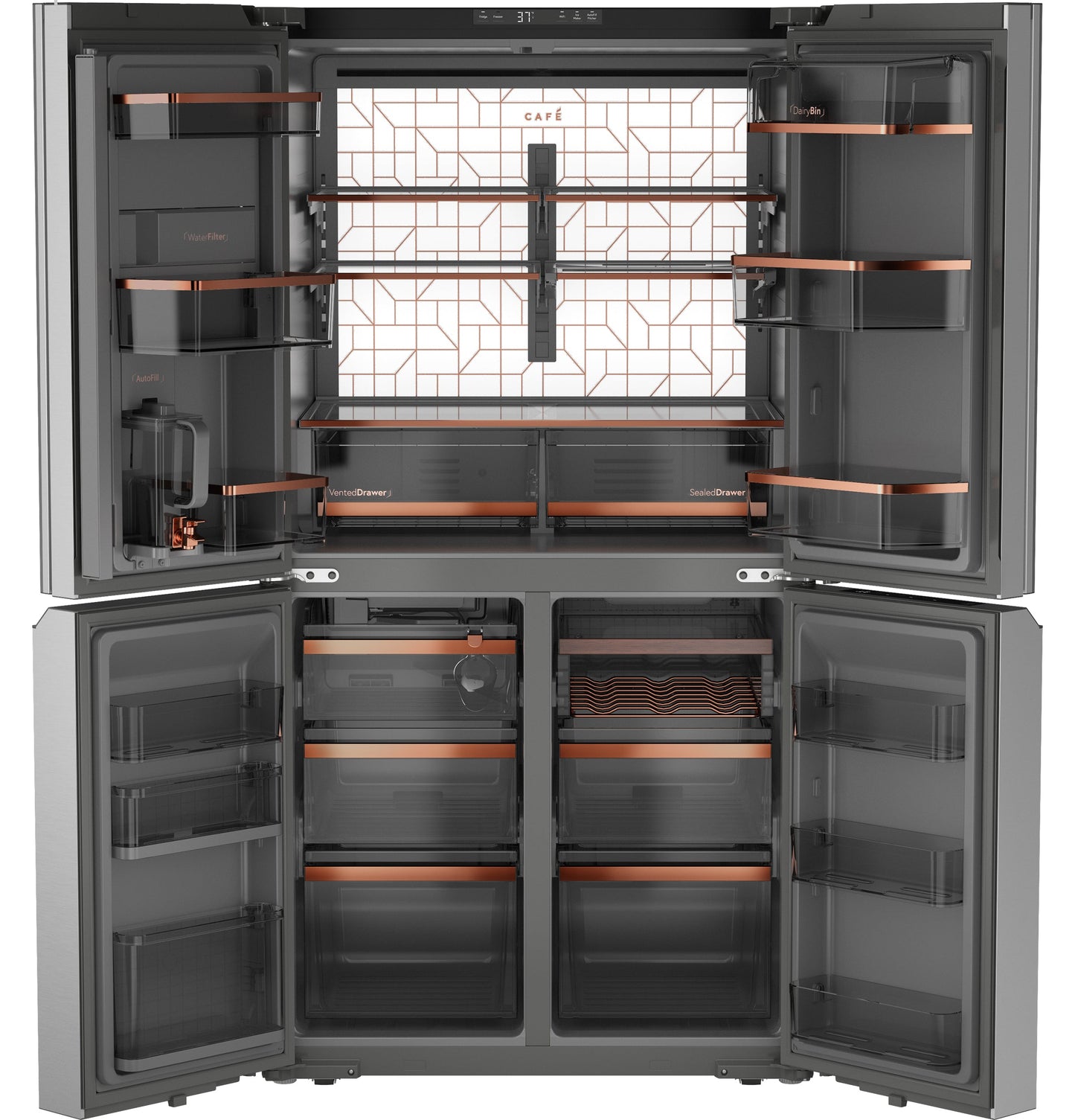 Café™ ENERGY STAR® 23 Cu. Ft. Smart Counter-Depth Quad-Door Refrigerator in Platinum Glass with Dual-Dispense AutoFill Pitcher