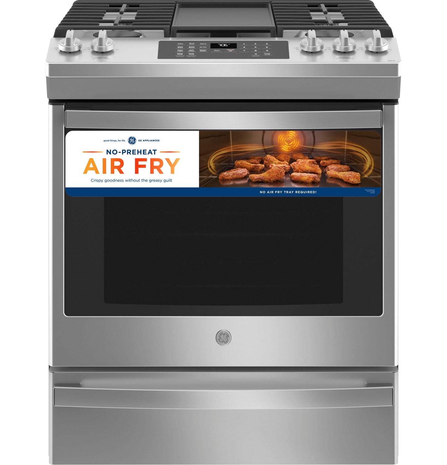 GE® 30" Slide-In Front-Control Convection Gas Range with No Preheat Air Fry